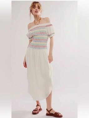 FREE PEOPLE Catch Me Midi Dress Ivory Rainbow Embroidered  NWT Boho Festival XS